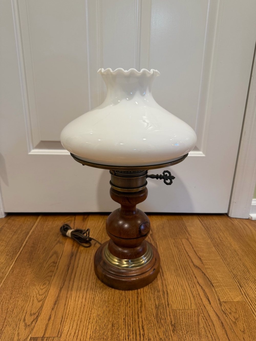 Vintage Milk Glass Pleated Rim Hurricane Lamp Solid Wood and Bonze Base